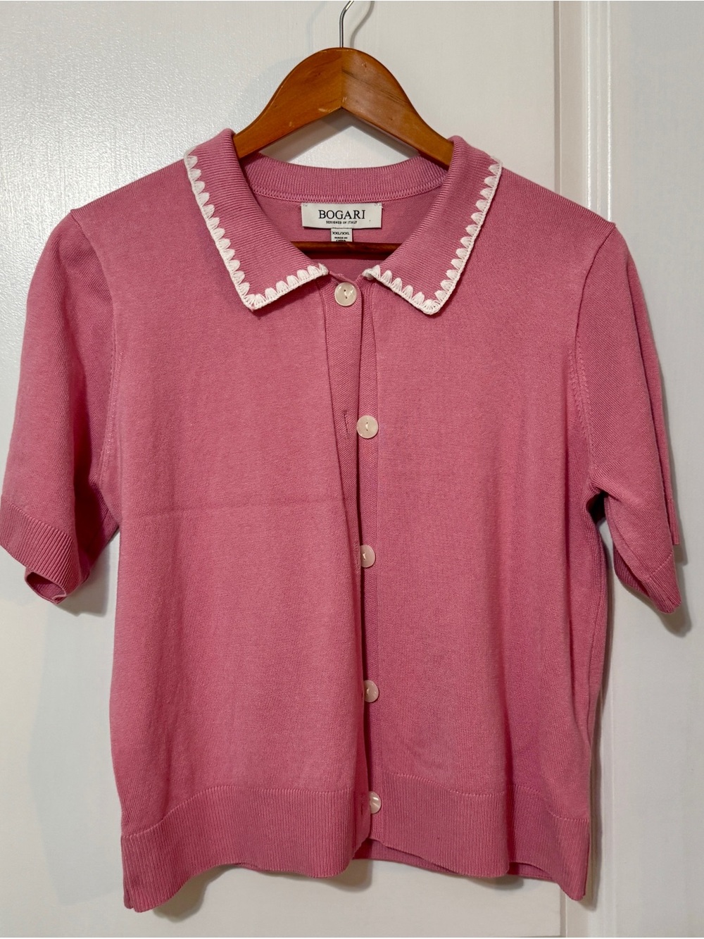 Bogari Pink Short-Sleeve Button Cardigan with Contrast Trim